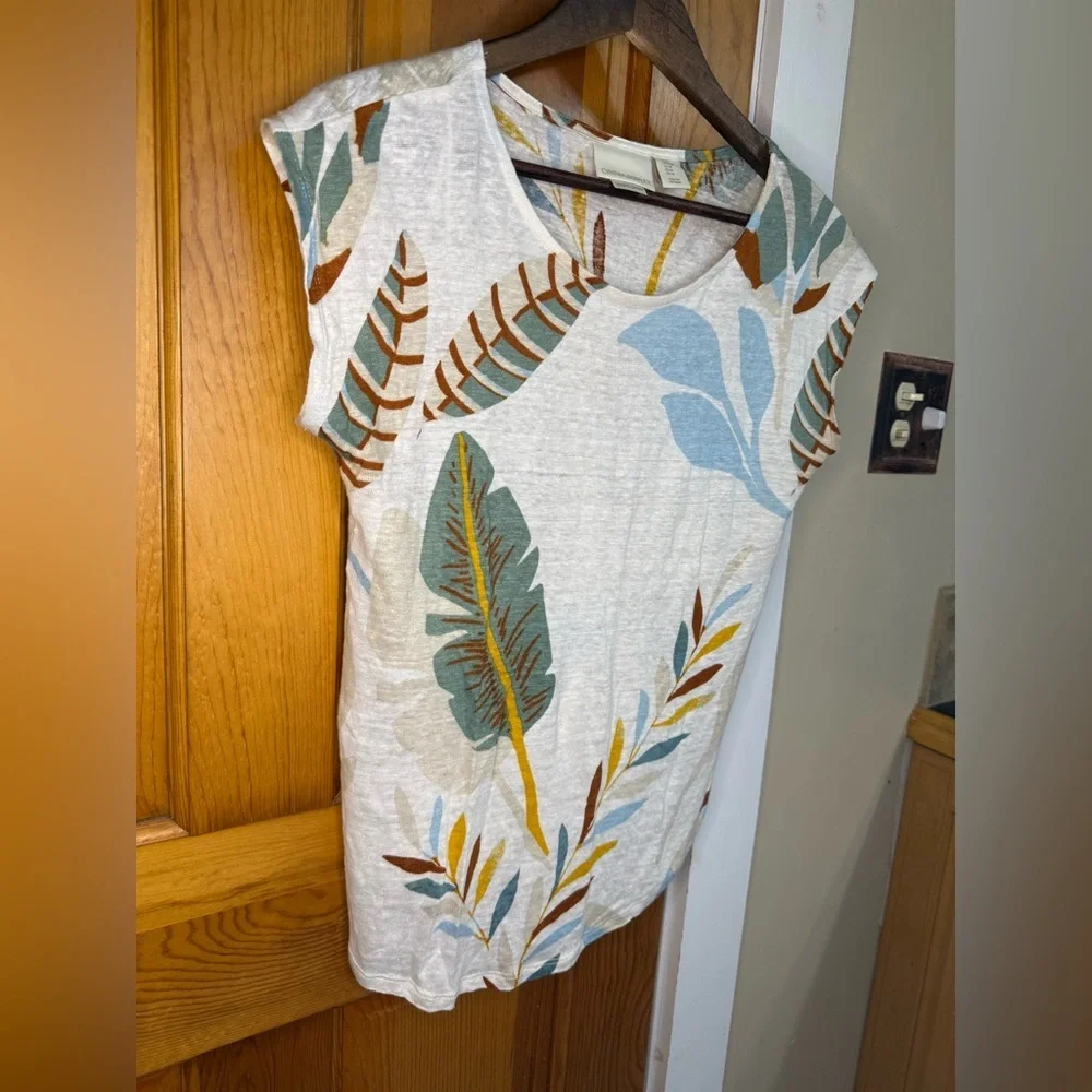 Cynthia Rowley Leaf Print Short Sleeve Top - Cream, Blue, Green, Brown - Picture 2 of 5